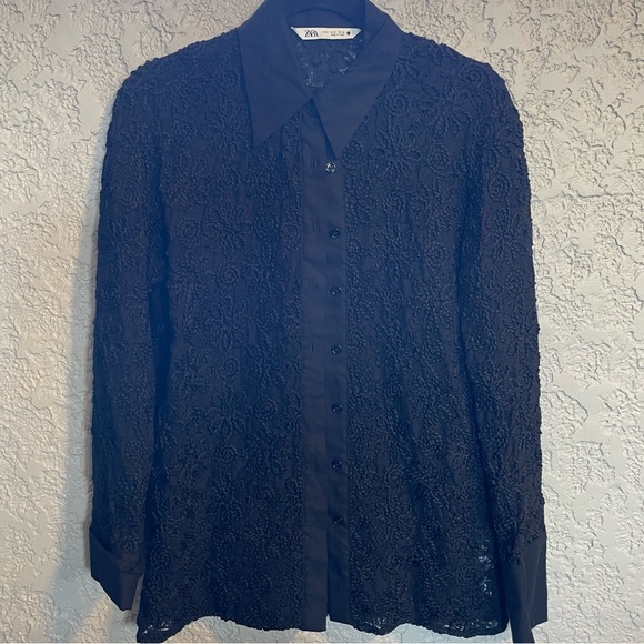 ZARA | black lace button down blouse - Picture 3 of 6